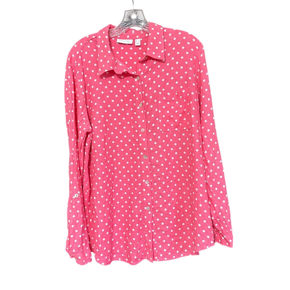 Susan Graver Pure Pink White Polka Dot Linen Blend Button Down Shirt‎ XL